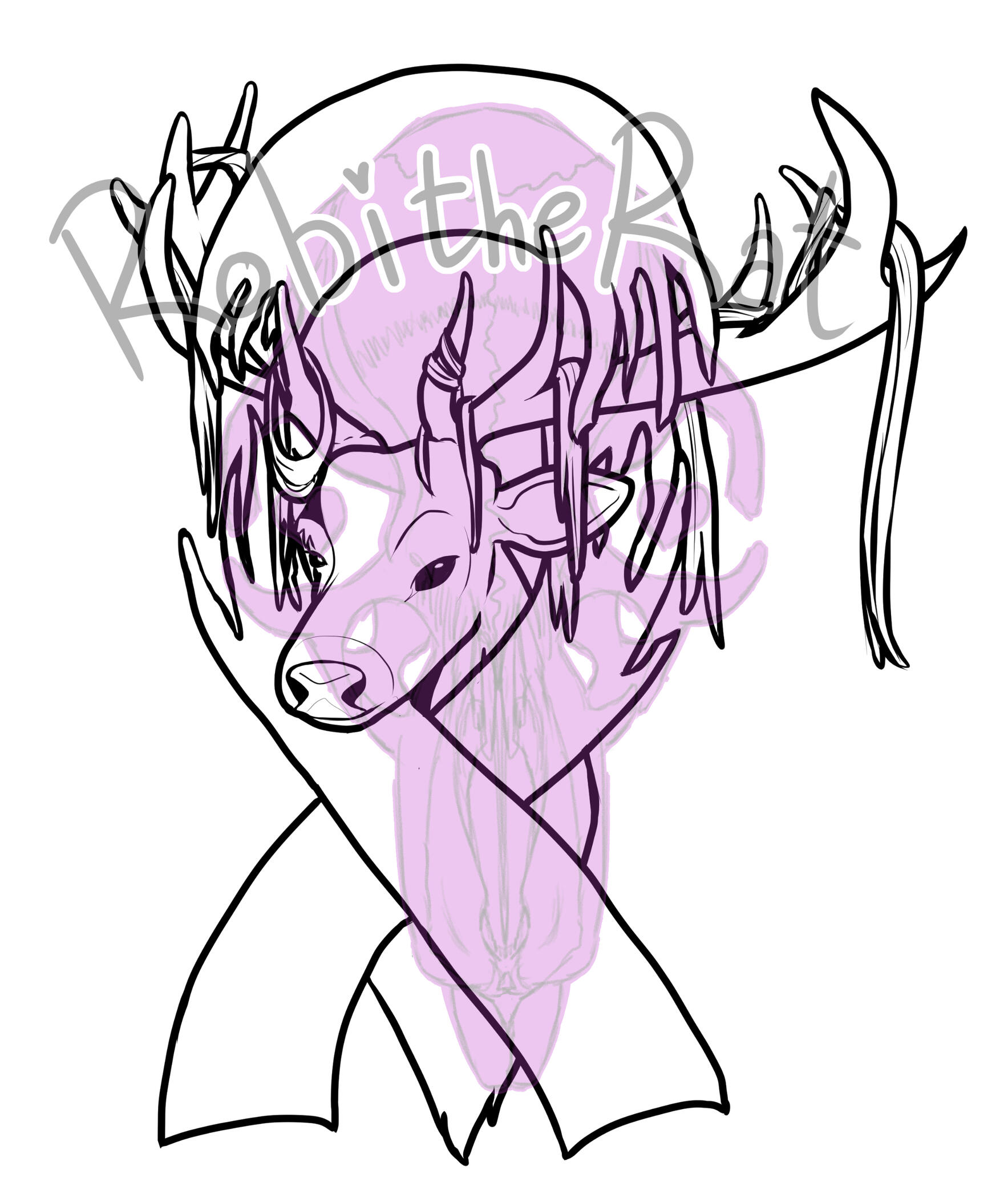 A digital black and white drawing of a stag's bust, featuring a torn cancer ribbon wrapping around it. The stag's antlers are draped in tattered ribbons, and the cancer ribbon is torn horizontally across the center.