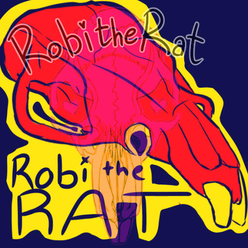A digital drawing featuring a brightly-colored rat skull. The skull itself is red with yellow teeth, and is shown on a dark blue background with a yellow outline surrounding it. There is writing next to the skull reading "Robi the Rat."
