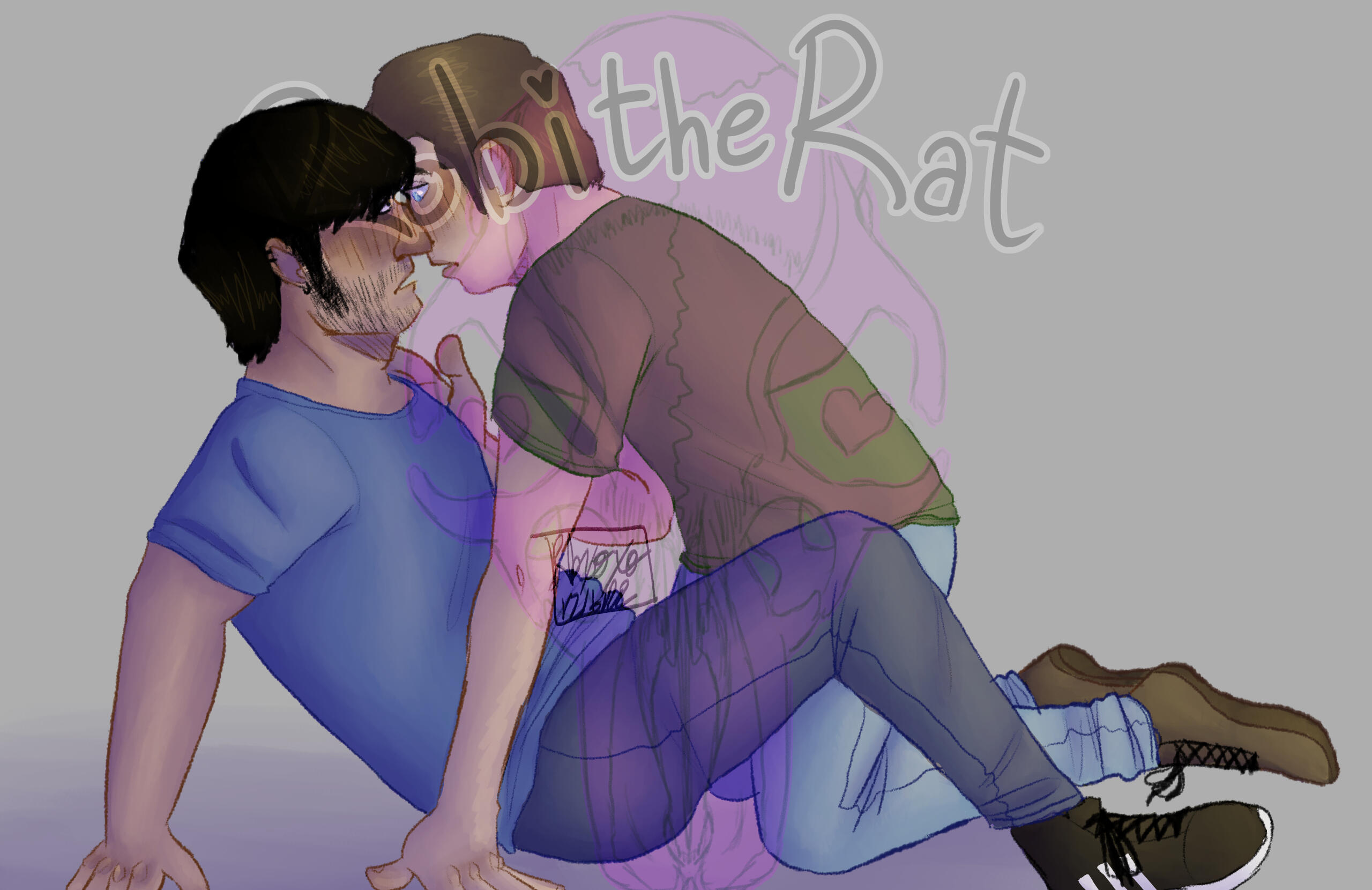 A drawing of Jay and Tim from Marble Hornets. Tim is leaning back sitting on the ground, and Jay is kneeling over him. Jay is leaning close to Tim's face, almost kissing him, with his hand hesitating near Tim's shoulder. They both have shocked expressions.