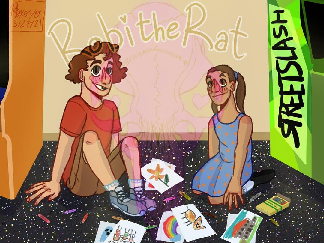 A digital drawing of a young Jimmy and Amy from At Dead of Night. They are sitting on an arcade floor with drawings and crayons strewn around them. Jimmy has red curly hair and a red shirt and shorts, and Amy is wearing a blue dress and pigtails.