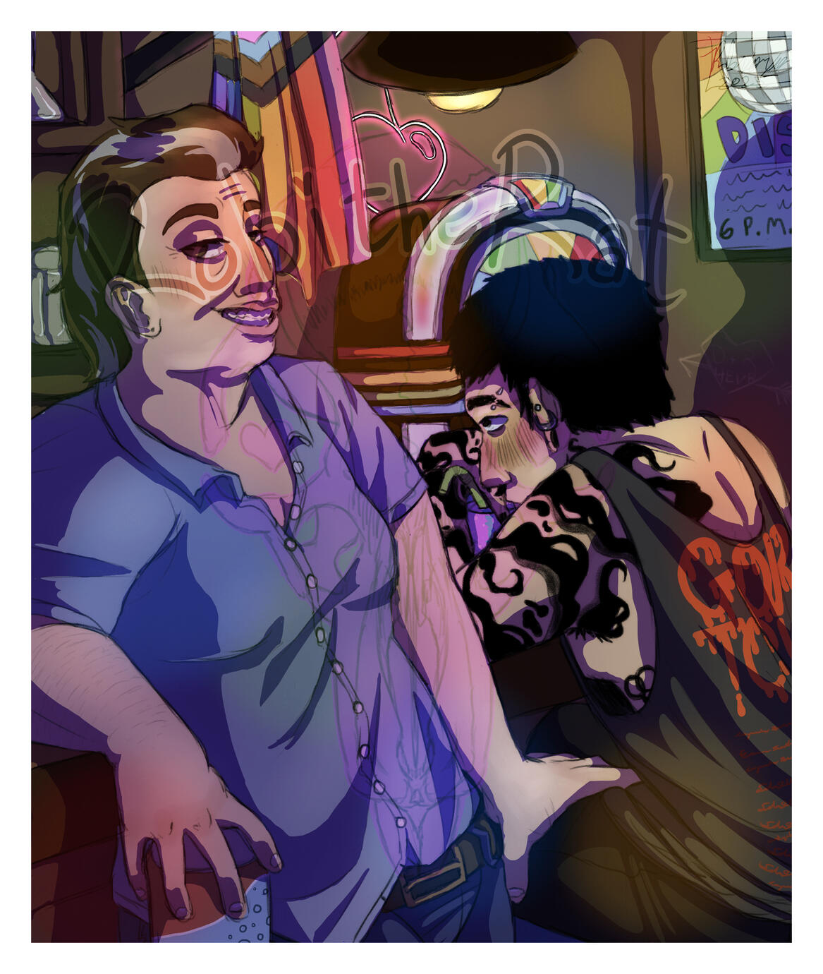 A digital drawing of two butches in a bar. The first is older with slicked back brown and grey hair and a blue button up. The second is younger, tattooed and pierced with a black buzz cut and a tank top. The older is smiling and touching the other's thigh.
