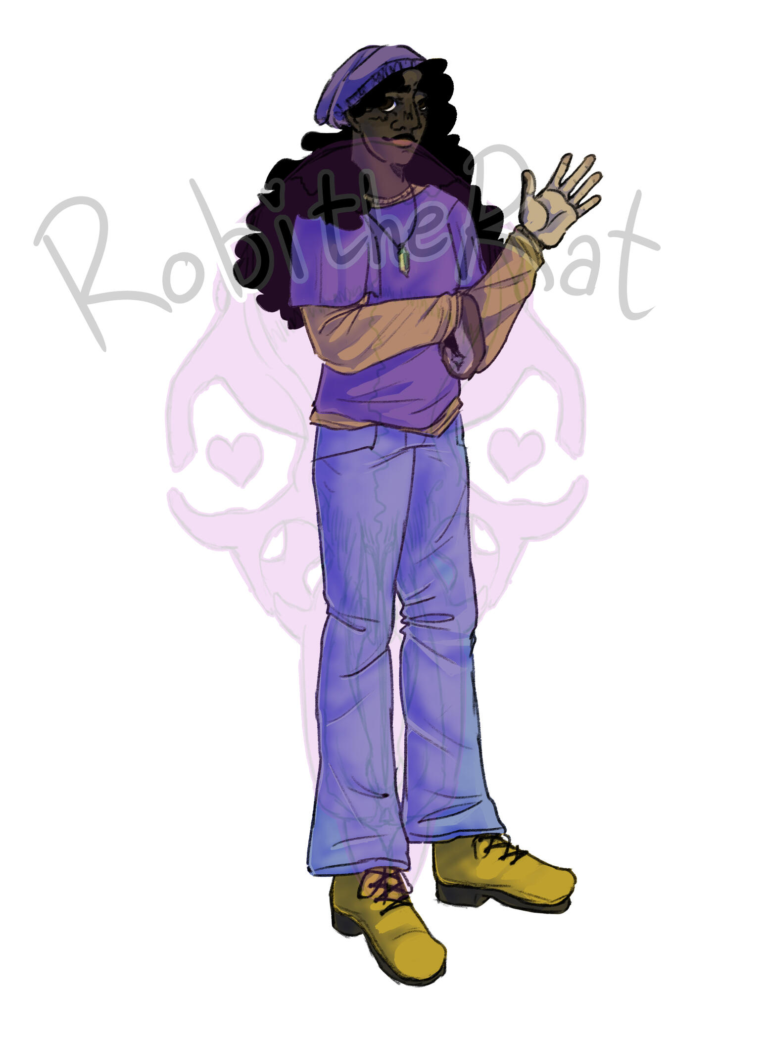 A digital drawing of a black teenage girl named Astrid (she/her). Her hair is a long afro kept in a purple beanie, and she is wearing a purple tshirt, a yellow longsleeve, jeans, and yellow boots. She is waving to the viewer and smiling slightly.
