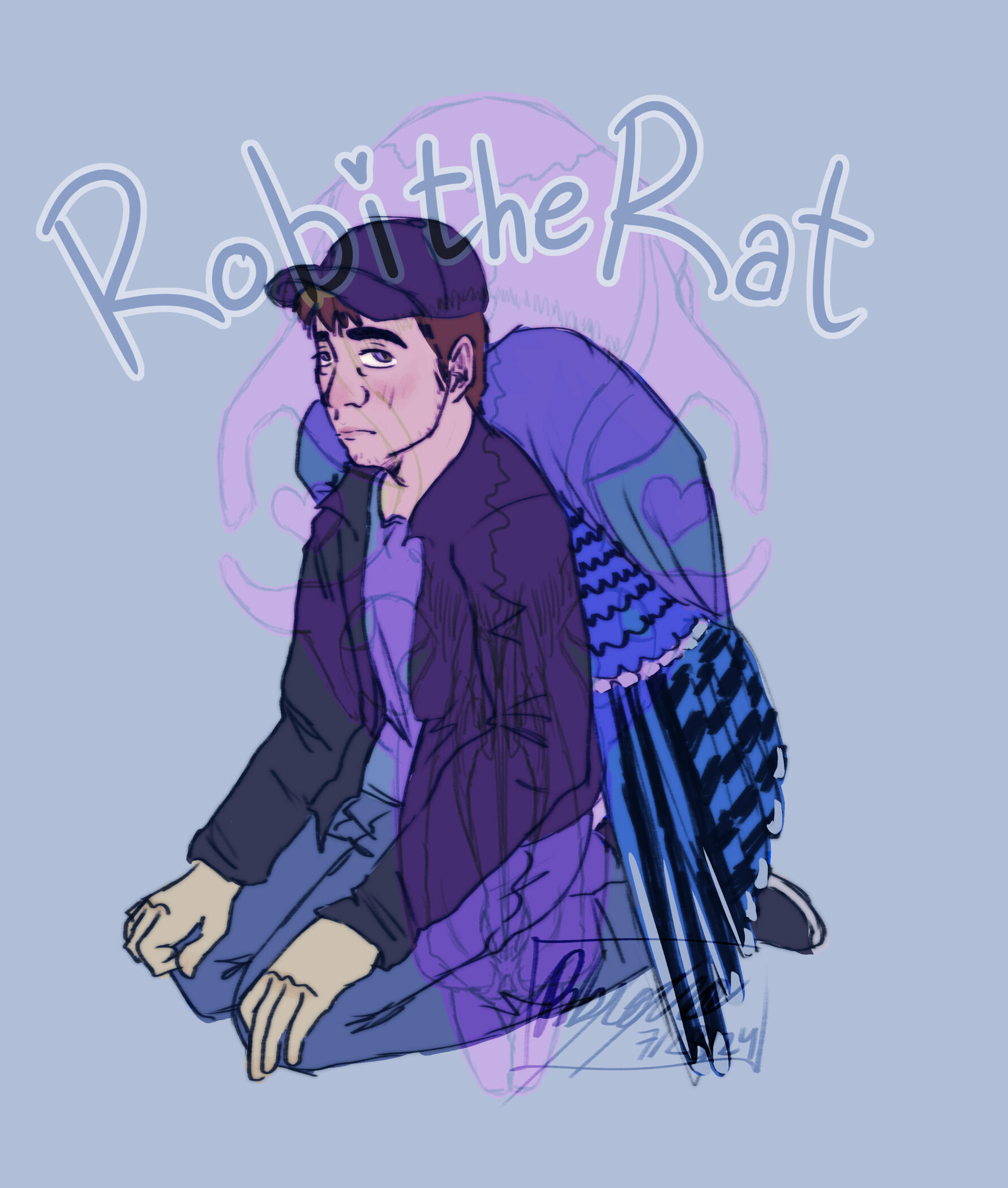 A digital drawing of Jay Merrick from Marble Hornets. He is kneeling on the ground wearing a blue baseball cap, a black jacket, blue shirt, and jeans. He has bluejay wings on his back, and looks up at the viewer solemnly.