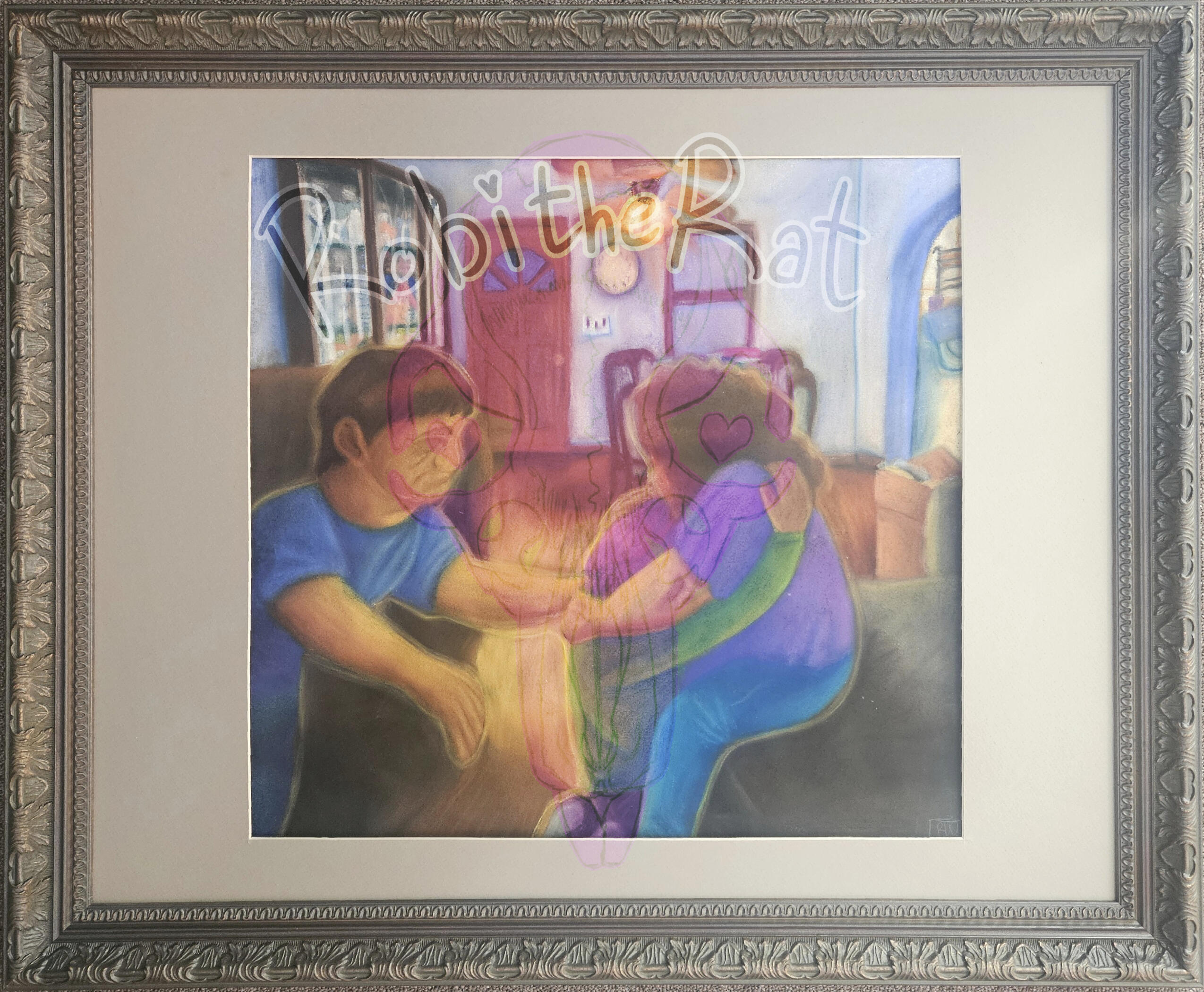 A soft/ chalk pastel drawing of three figures in a living room. One, a man, is in a recliner and reaching out to touch the center figure on the shoulder. The center figure is kneeling on the ground, hugging the third figure, a woman sitting on a couch.
