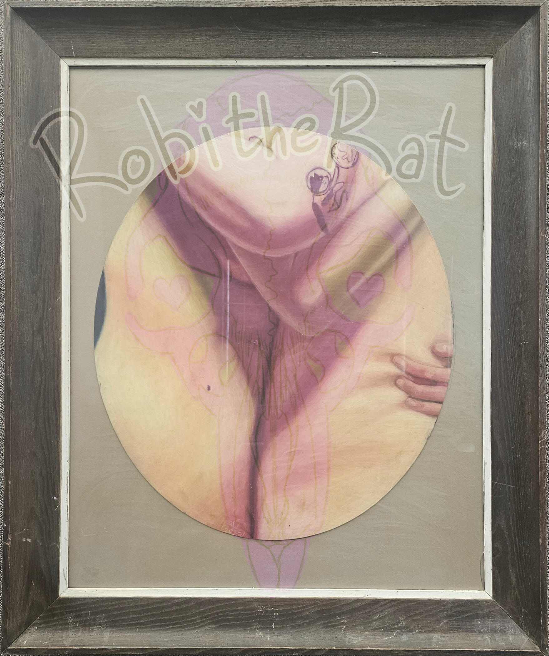 A closeup oil pastel of two figures holding each other closely, from hips to collar. Their arms are intertwined, and one figure's hand is gripping the other's side from behind. One of the figure's arms has a small cat tattoo on the bicep.