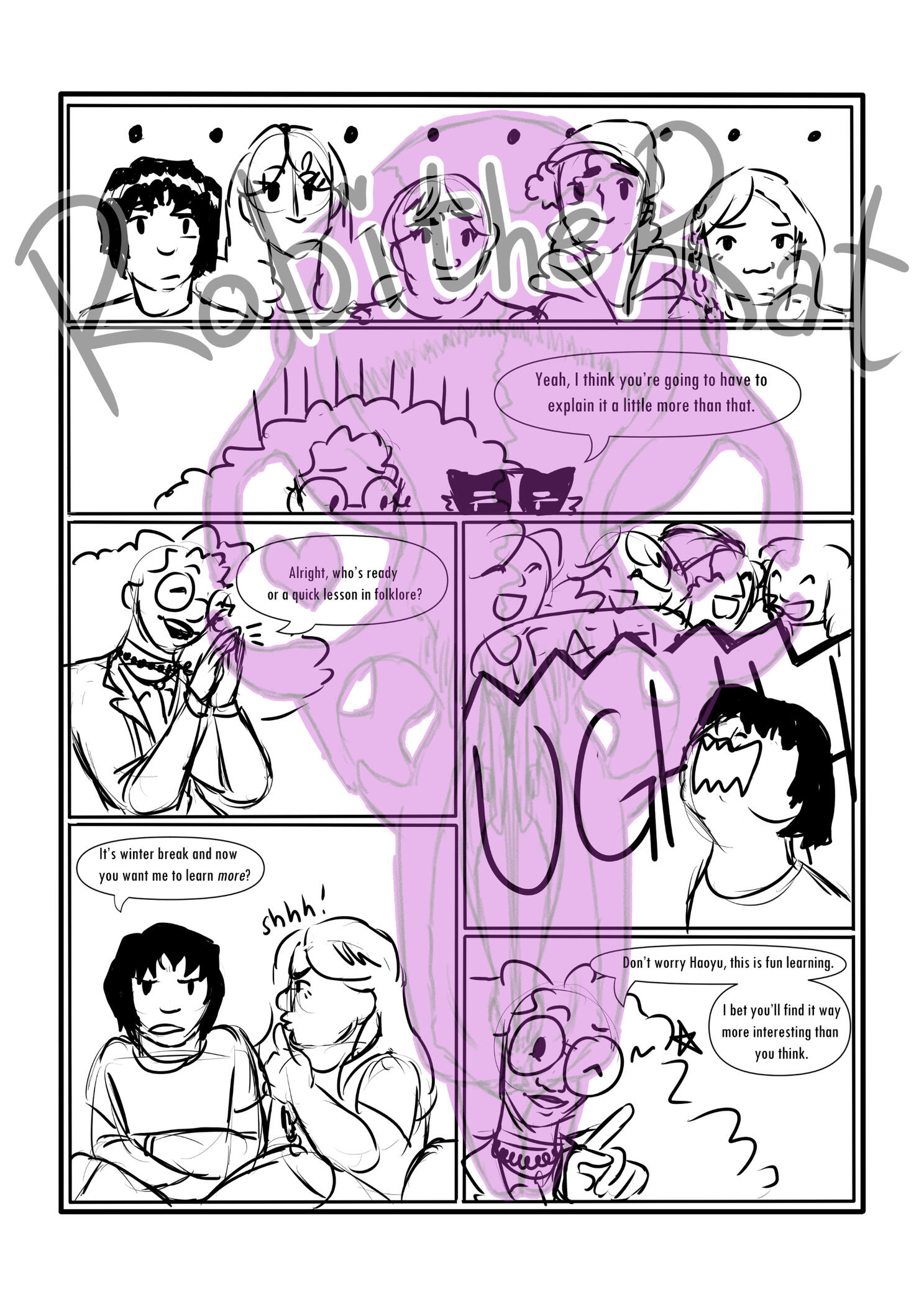A roughly sketched sample page for a comic titled "Fifi's Fantastic Folklore" (Unfortunately Alt text character limit means I cannot fully describe this piece, but I will try to find a way to provide a full description!)