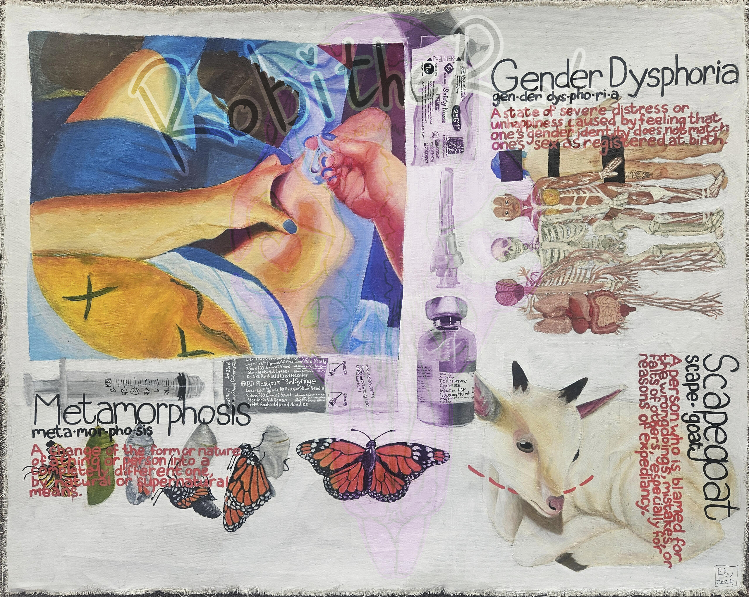 An acrylic painting on canvas featuring various symbols of transition; T-shot supplies, a monarch butterfly accompanied by the def for "metamorphosis", a young goat with the def for "scapegoat," and anatomical drawings with the def for "gender dysphoria."