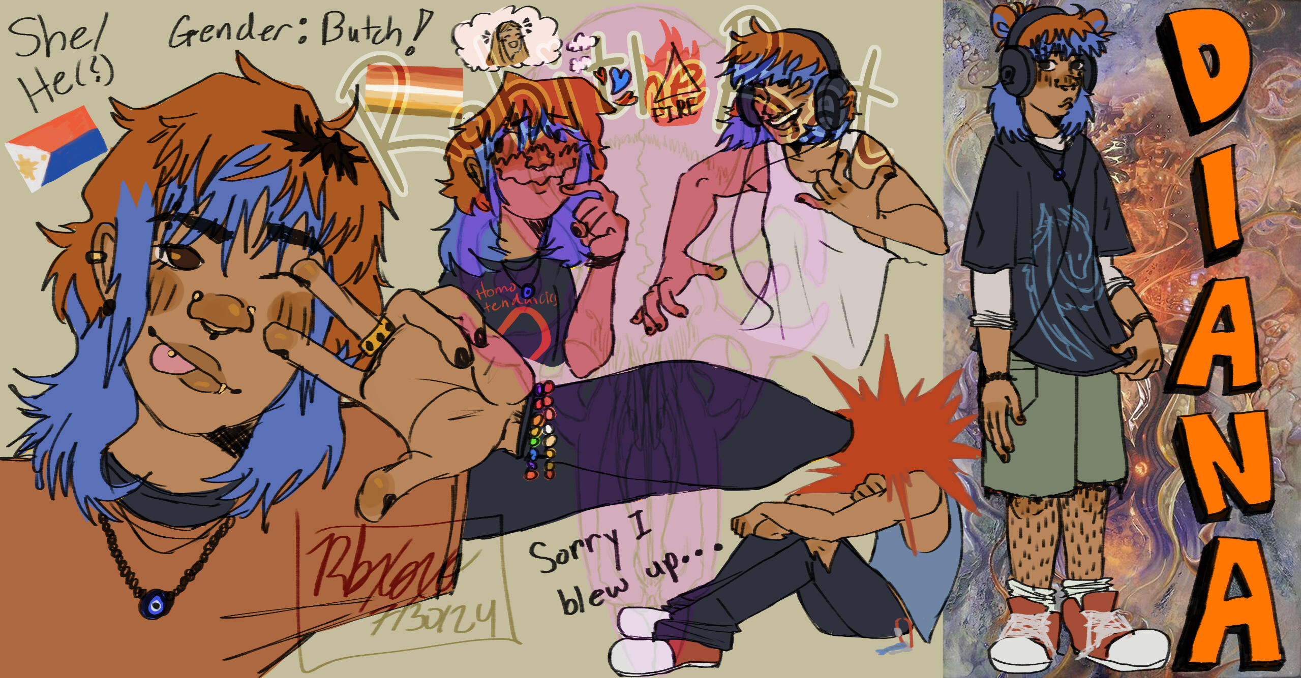 A digital drawing featuring a teenage filipino person named Diana (she/he) in multiple poses and outfits. She has two-toned red and blue shaggy hair, dark brown eyes, piercings, and various other pieces of jewelry.