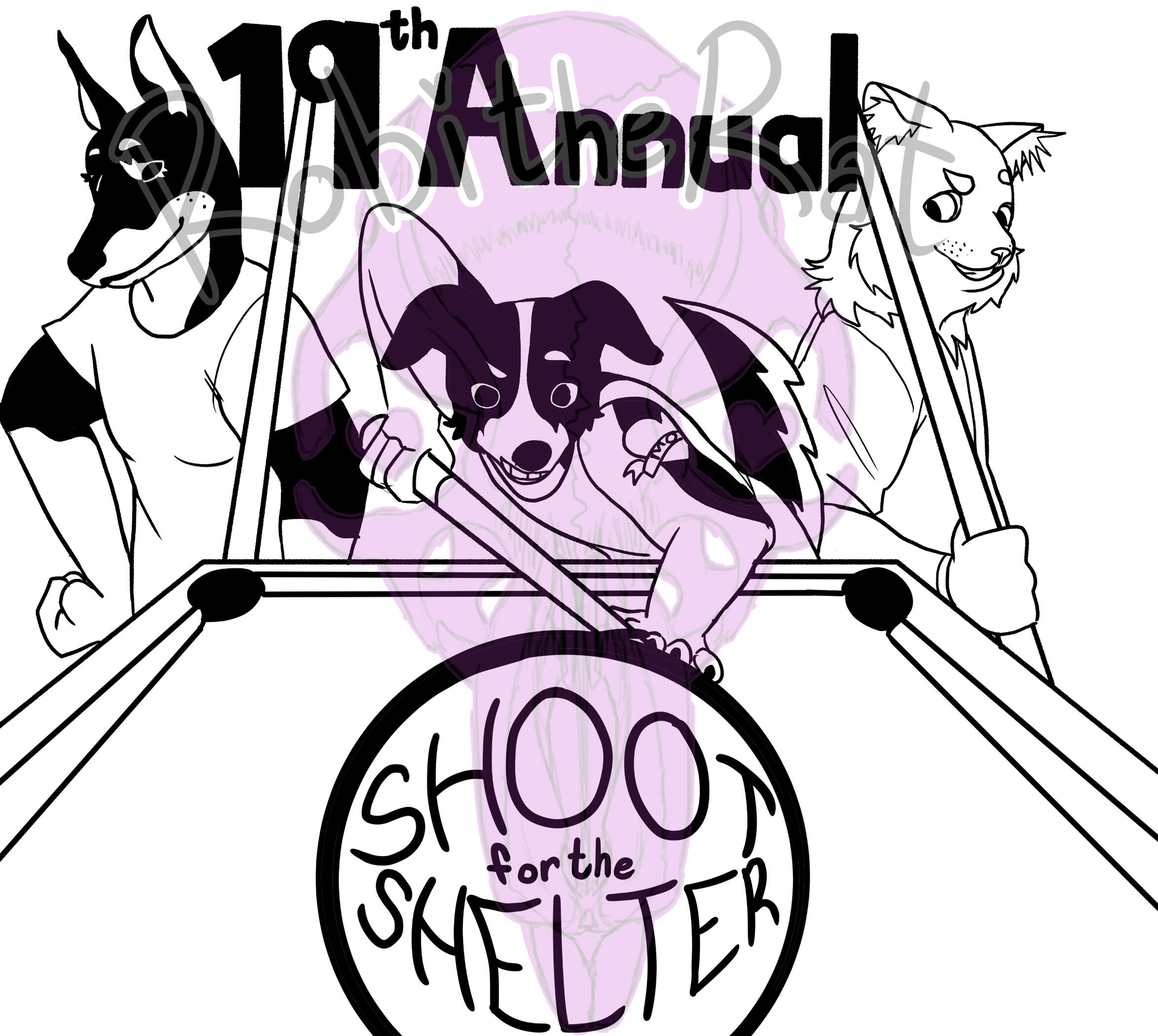 Black and white digital drawing featuring anthropomorphic dogs and a cat playing pool. Writing at the top reads "19th Annual" and a ball at the bottom foreground reads "Shoot for the Shelter"