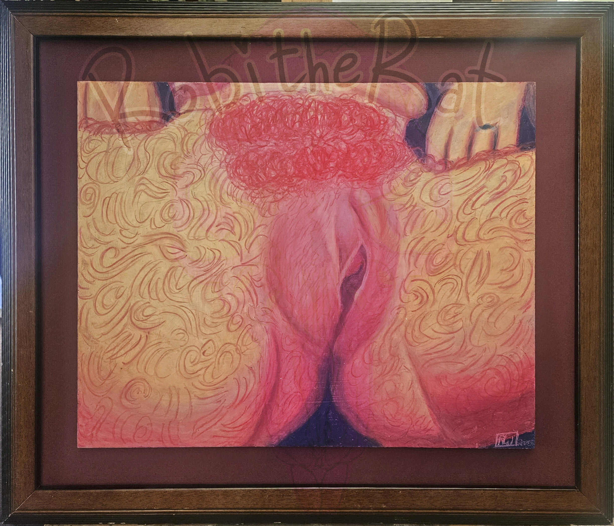 A closeup oil pastel of a person's exposed vuvla. They are leaning back in a seat with their legs spread. The skin is toned pink and has pink leg and pubic hair. The figure is shown on a dark blue background.