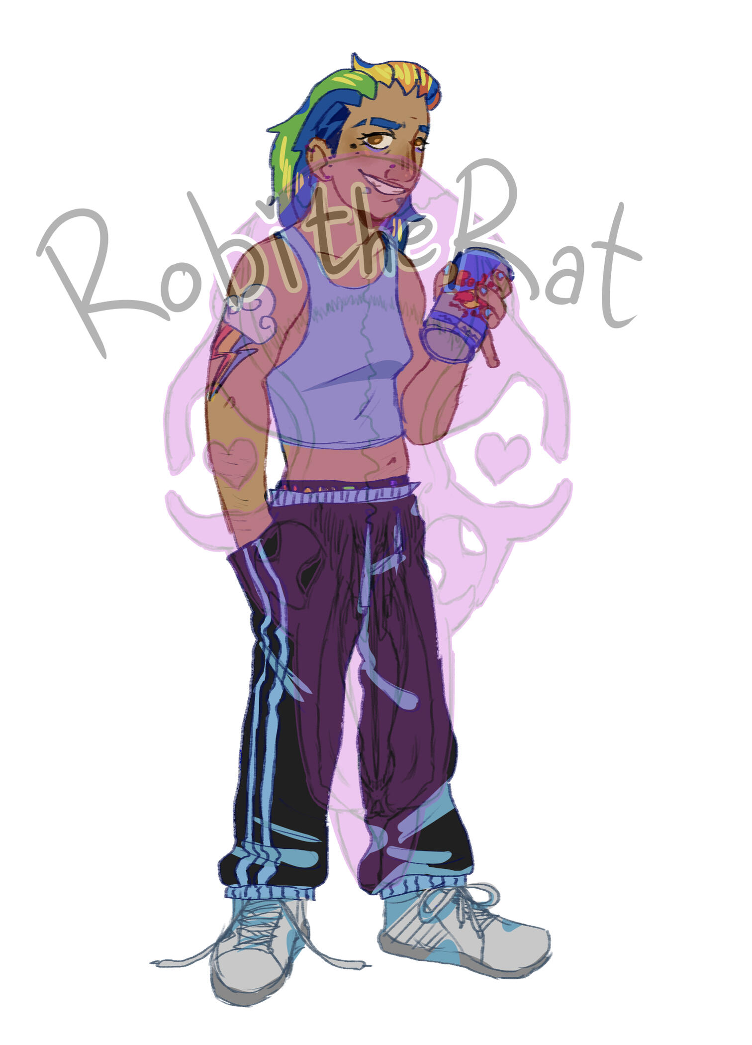 A digital drawing of a humanized version of Rainbow Dash from the show My Little Pony. She has a slicked back mullet, a short tank top, athletic pants, and chunky white sneakers. She's holding a redbull, and has a rainbow lightning bolt tattooed on her arm