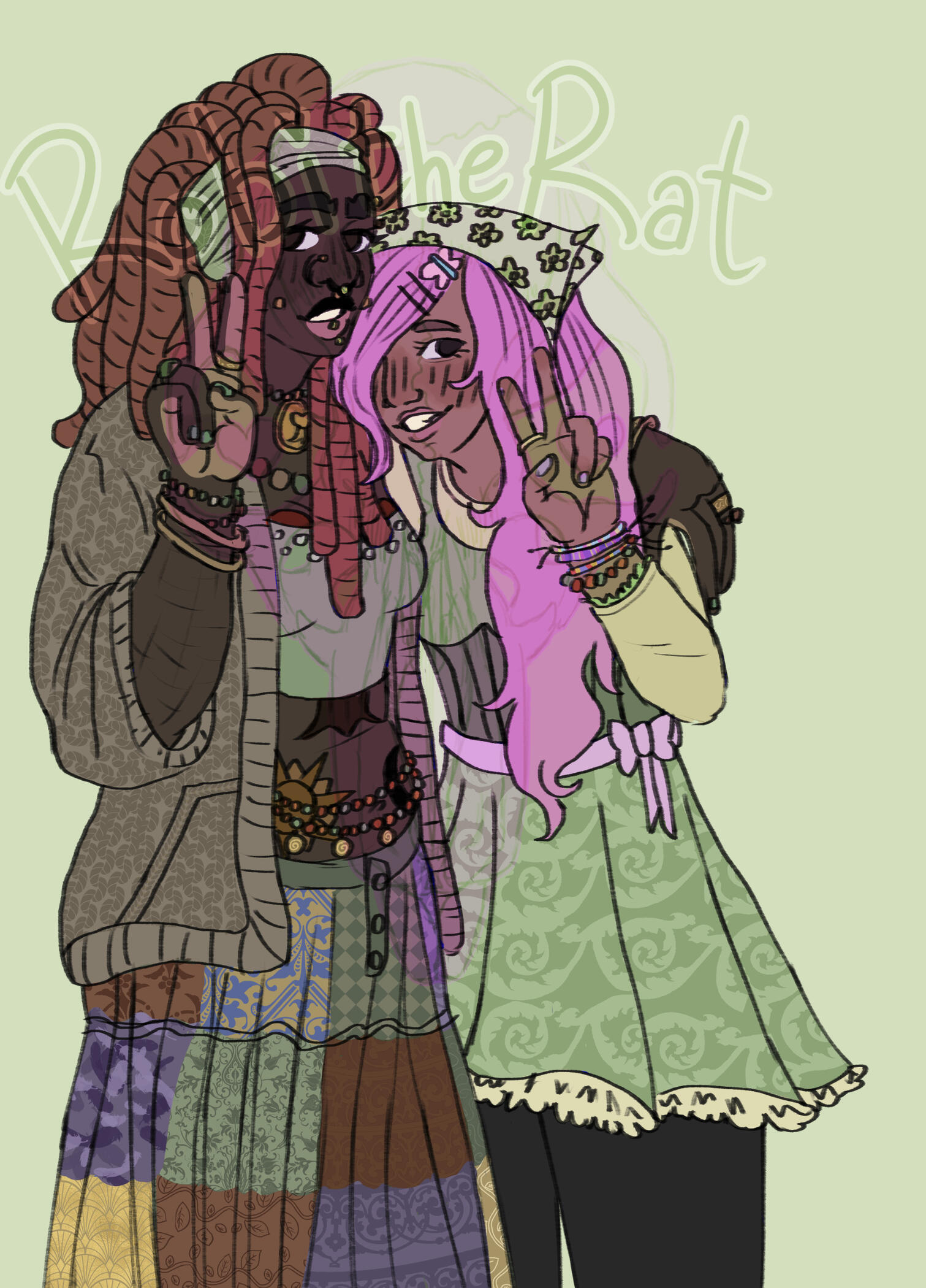 A digital drawing of humanized Treehugger and Fluttershy from My Little Pony. They have their arms over each others' shoulders and are holding up peace signs.