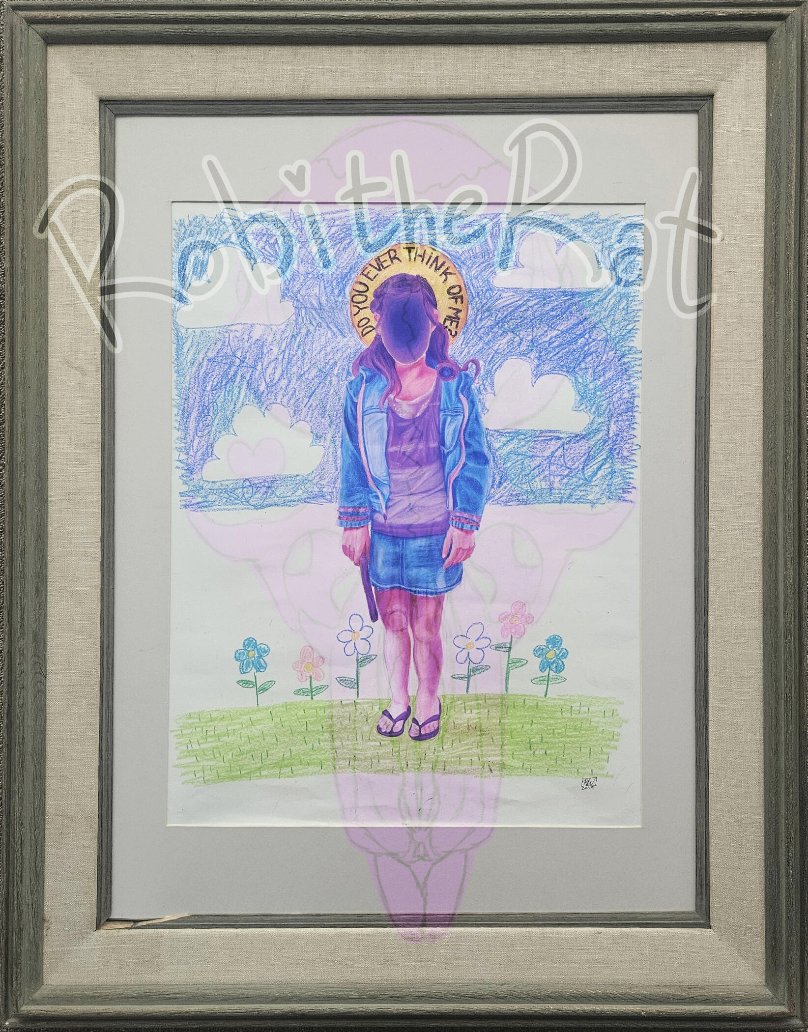 A color pencil and crayon drawing of a young girl* wearing a denim jacket and skirt and a purple shirt. Their skin is pink, and their hair is purple. Their face is a dark void, and a sun-halo above their head reads "Do you ever think of me."