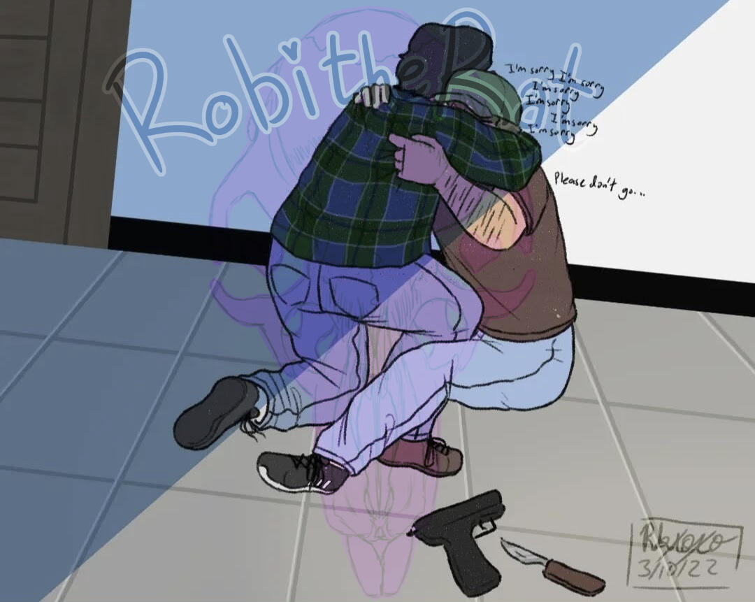 A digital drawing of Tim and Alex from Marble Hornets Entry #86. Alex is sitting on the floor, and Tim is kneeling over him, holding each other with their faces hidden. There is a knife and a gun on the floor next to them, and Alex is saying "I'm sorry."
