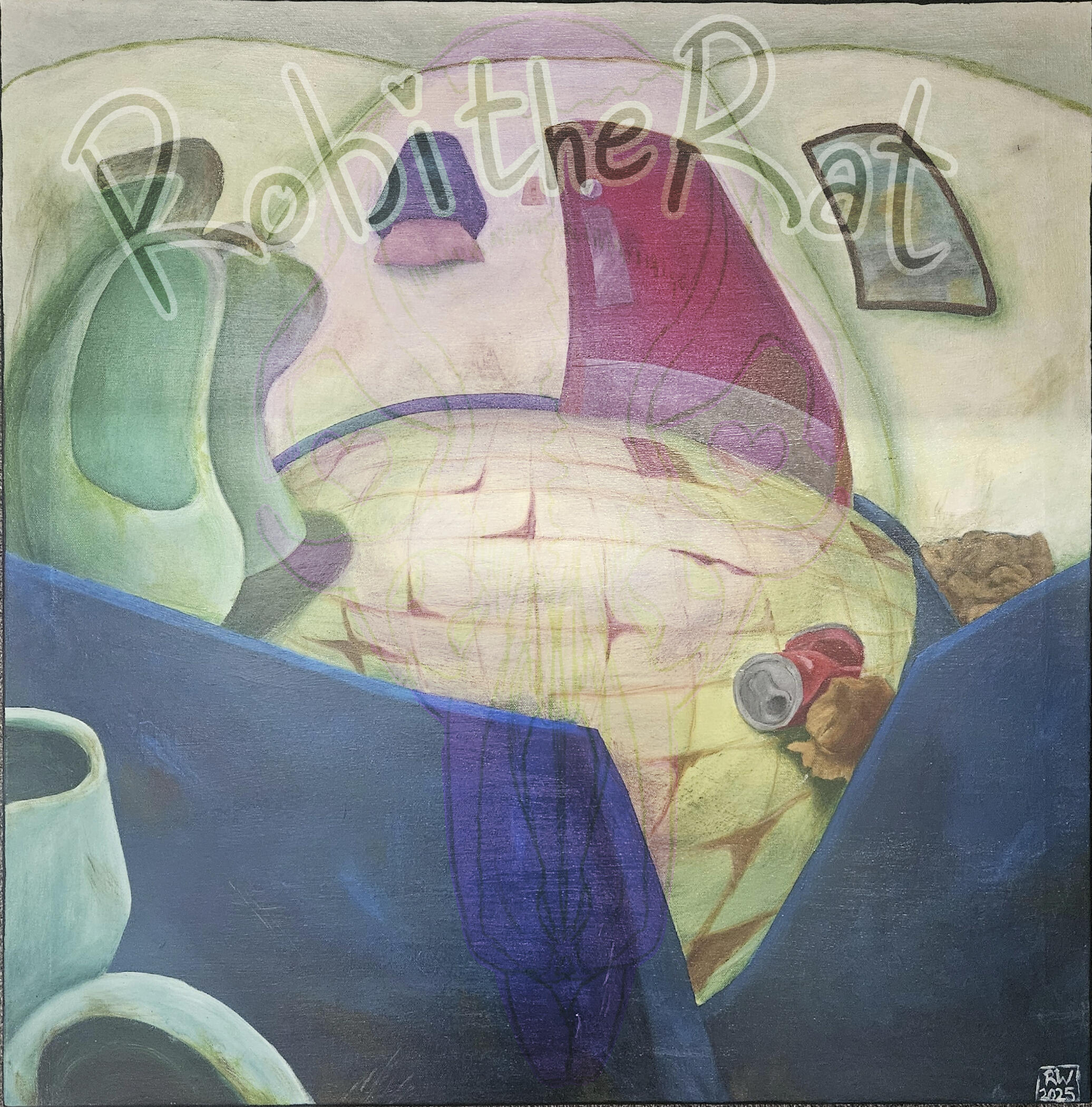 An acrylic painting of a bathroom with a 5-point perspective. The bathroom has a single stall, a dirty urinal, sink, overflowing trash can, and a door with a deadbolt lock. The floor tiles are cracked, and there is a dirty mirror with the faint reflection