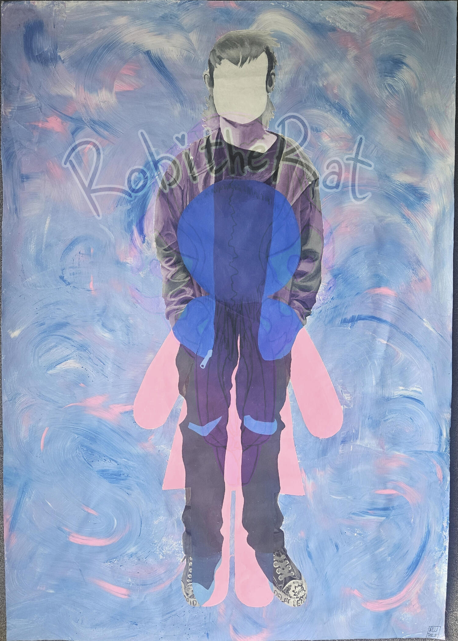 A large acrylic painting of a figure standing forward with their face replaced with white. Their center is covered by a large bathroom symbol, with the overlapping colors being replaced with blue, and the outer parts being pink.