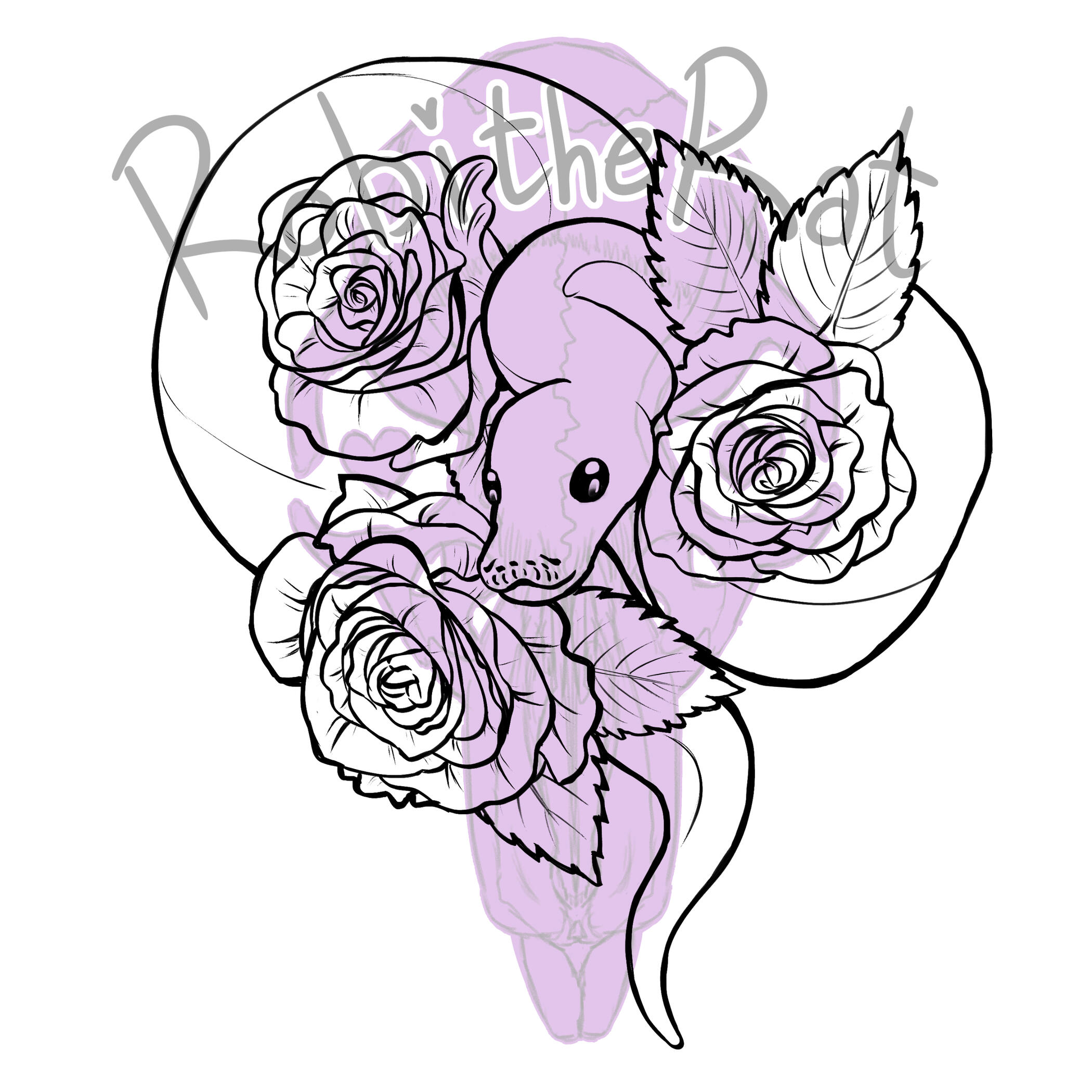 A a digital drawing of a snake wrapped around roses. The drawing is outline-only, with the snake curling around the three roses in a heart shape, and facing the viewer.